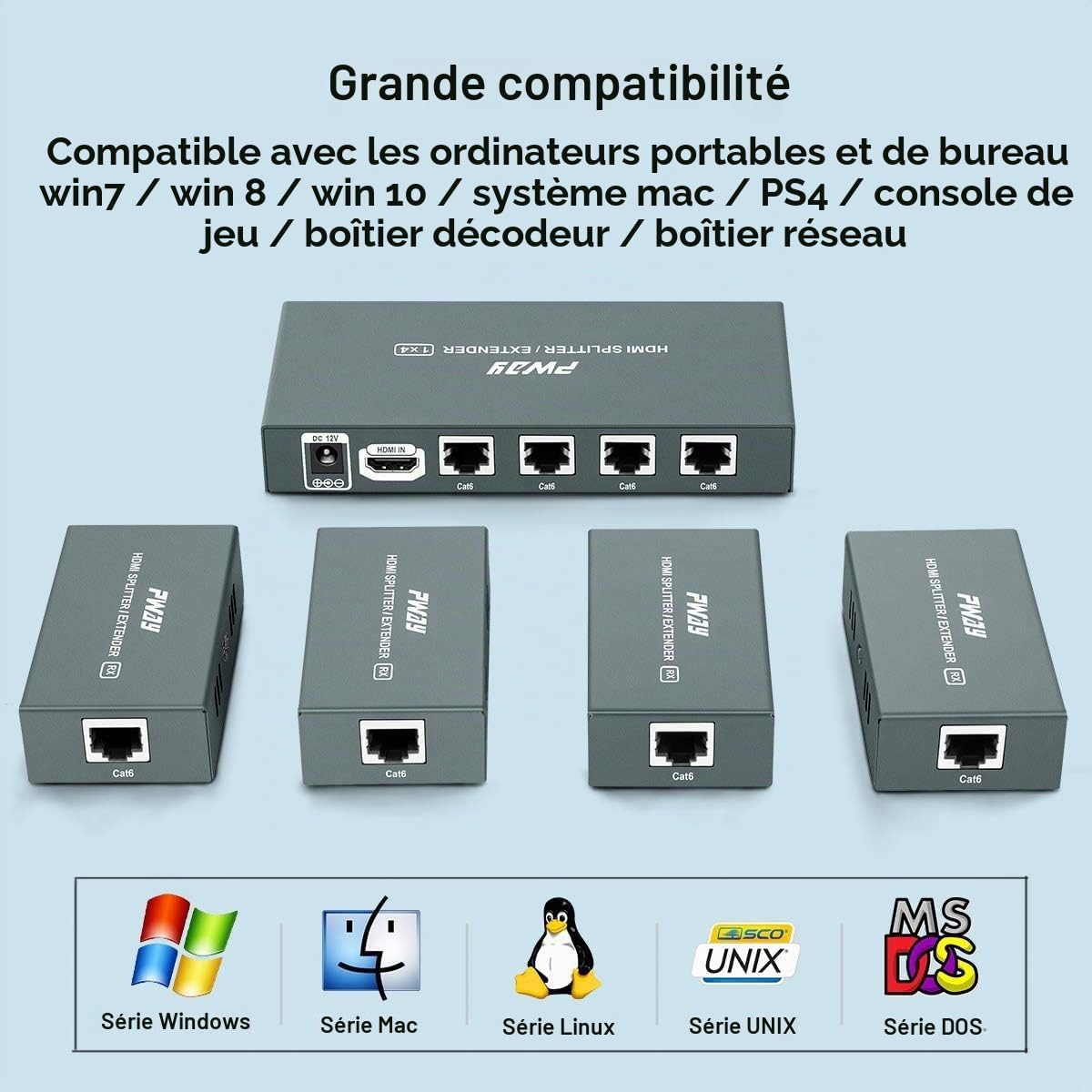 PW-HTS0104IR(POC) Extendeur répartiteur HDMI Port 1X4 sur câble Ethernet Cat5e/Cat6 avec IR Pas de délai jusqu'à 60 m (196 Pieds) et résolution jusqu'à 1080P@60Hz (1 entrée 4 Sorties)