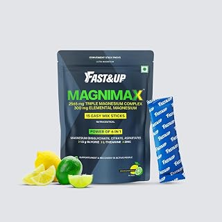 Fast&Up Magnimax - Triple Magnesium Bisglycinate, Citrate, Aspartate L-Glycine, L-Theanine, Zinc Power of 6-in-1 Lime & Lemon Flavour 15 stick packs in a Pouch