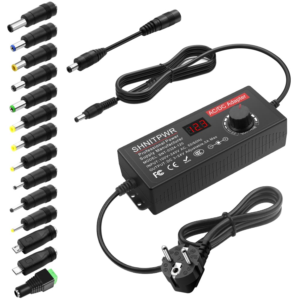 SHNITPWR Alimentatore universale da 3,5V ~ 24V, 120W, 5A, AC/DC, con 14 connettori adattatori, per dispositivi elettronici da 3,5 V a 24V, cornice per fotocamera per baby monitor e strisce LED, ecc.