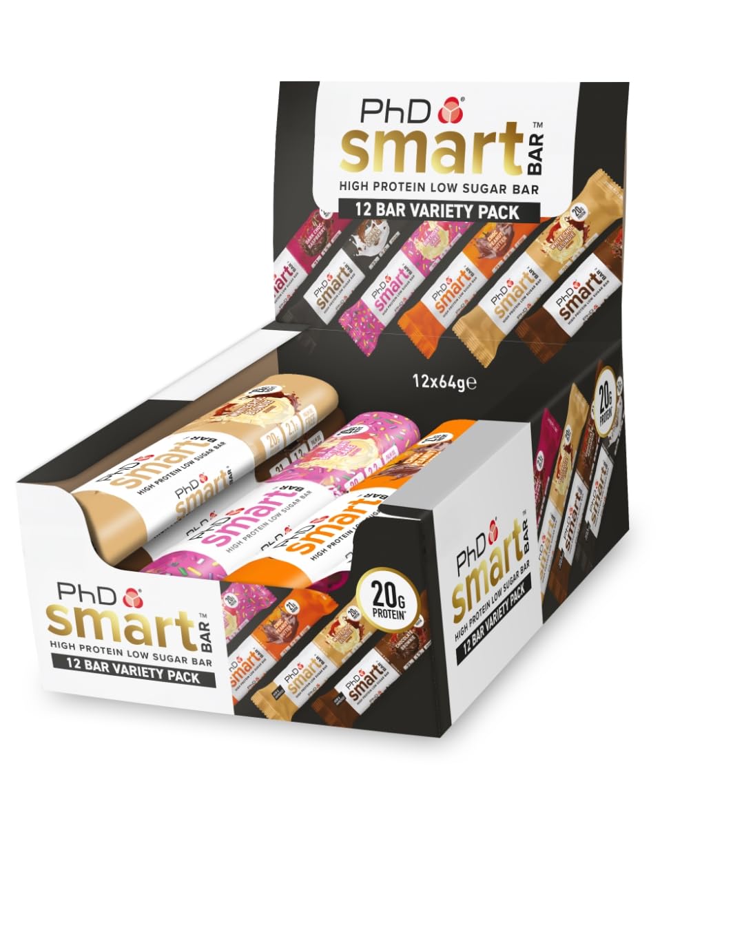 PhD Nutrition Smart Protein Bar Low Calorie, Nutritional Protein Bars/Protein Snacks, High Protein Low Sugar, Variety Pack, 20g of Protein, 64g Bar (12 Pack)