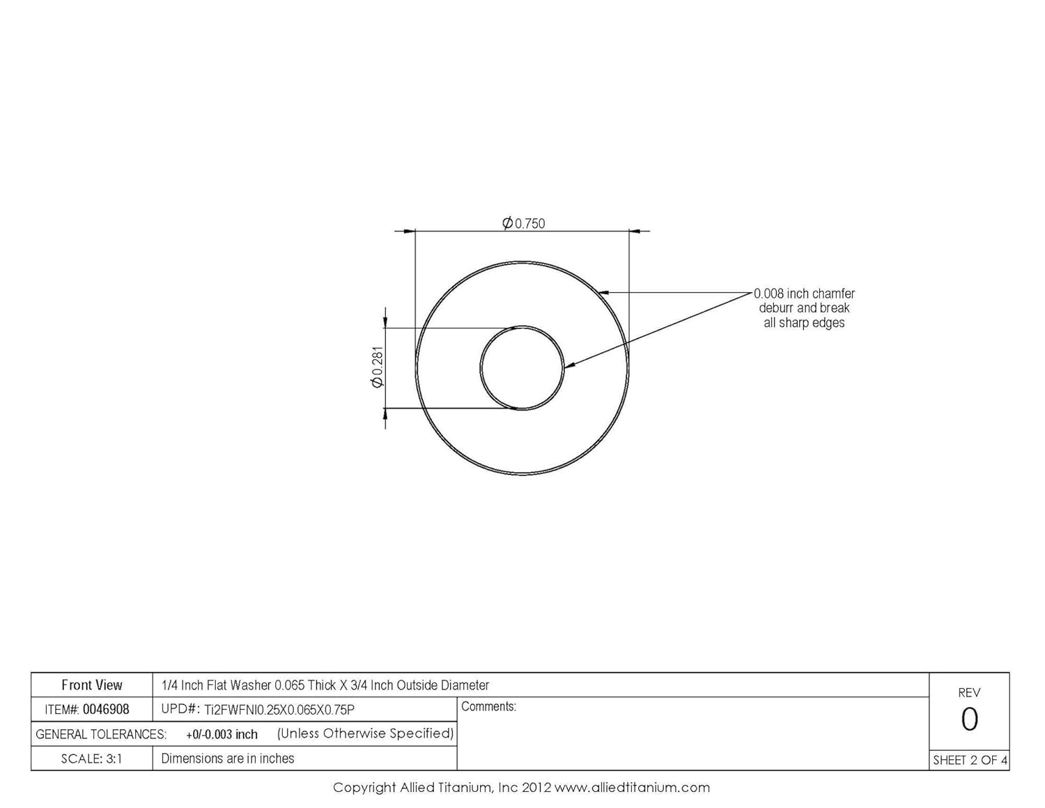 0046908, (Pack of 20) 1/4 Inch Flat Washer 0.065 Thick X 3/4 Inch Outside Diameter, Grade 2 (CP)
