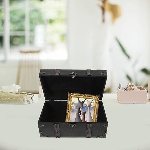 Miniatura 9 de HOMSFOU Estuche de almacenamiento de cosméticos, cajas de madera vintage, cofre del tesoro pirata, caja de almacenamiento de madera del tesoro, caja