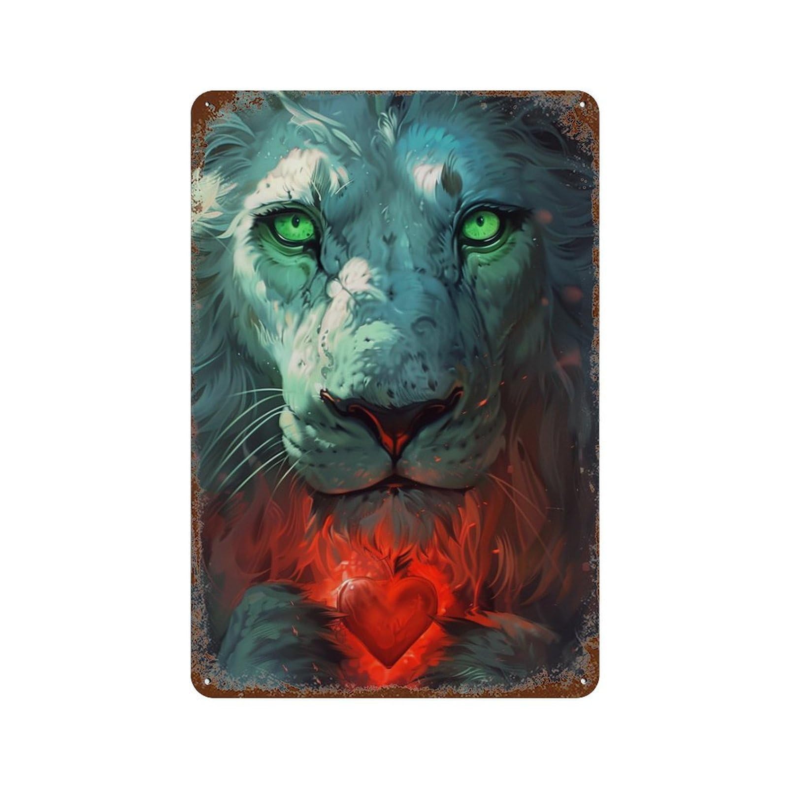 Rust Effect Magical Lion Heart Art Print Rustic Tin Plaque 11.8"x7.9", Shabby Chic Decor for Basement, Hobby Room And Garage Decor