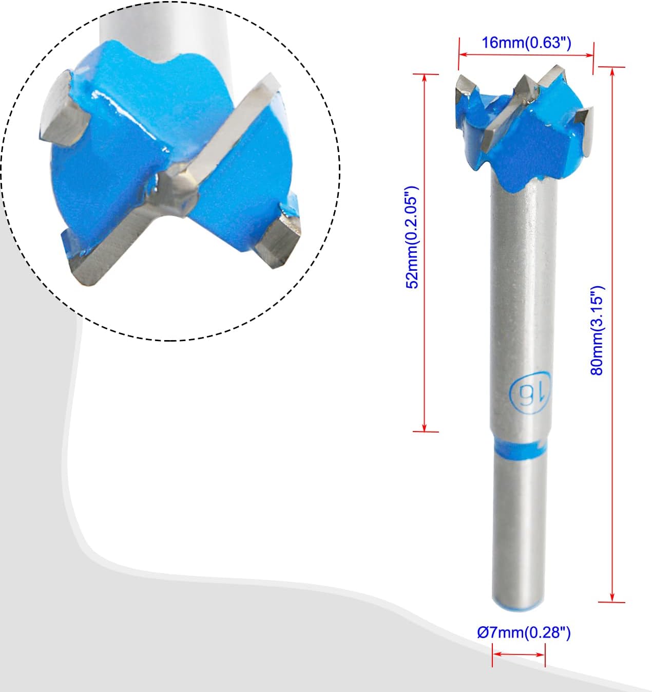 Forstner Drill Bits Professional Carbide Woodworking Hole Saw, Cutting Diameter 16mm, 4Pcs (Blue, Silver)