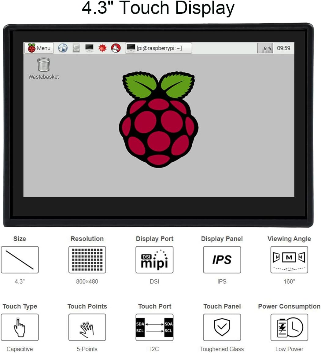 4.3inch DSI LCD Display with Case for Raspberry Pi 4B, 800x480 Capacitive Touchscreen MIPI DSI Interface IPS Wide Angle, Supports Raspbian/Ubuntu/Kali / WIN10 IoT/Retropie, Driver Free