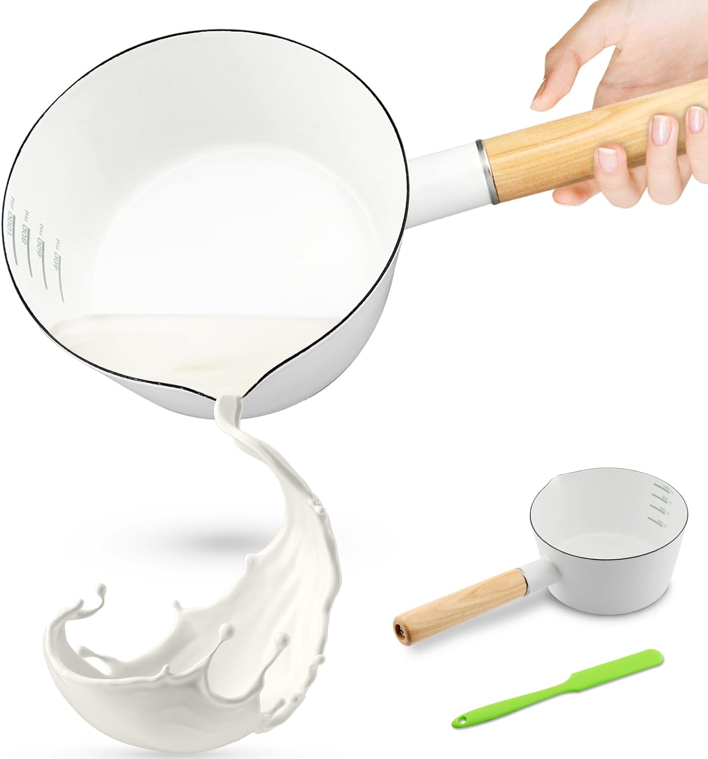 Enamel Milk Pan, with Silicone Spatula & Pour Spout, 1L Milk Pot Butter Warmer Enamel Saucepan,Nonstick Enamels Milks Melting Pot for Induction Electric Gas Stoves(COLOR:white)