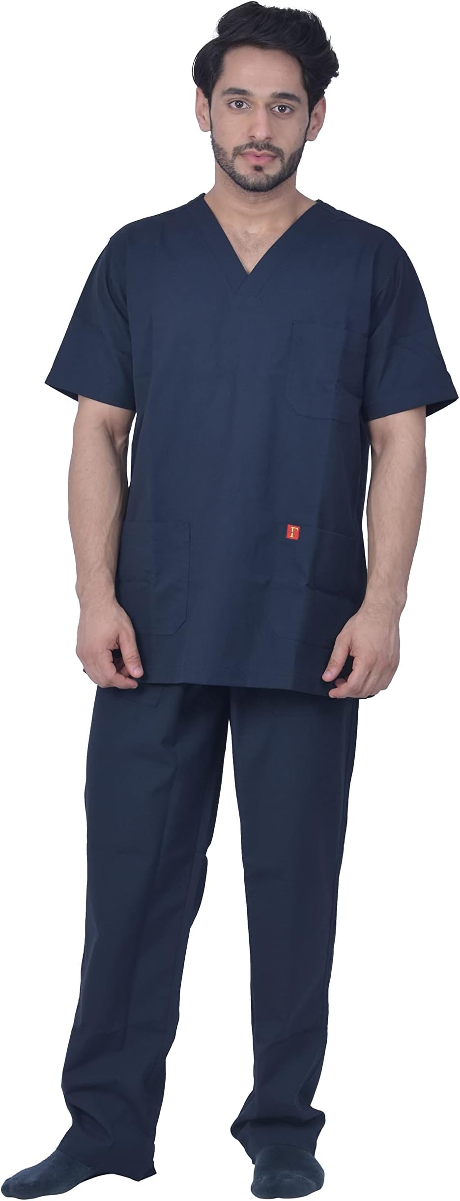 FRENCH TERRAIN® Unisex Polyester Viscose V-Neck Scrub Suit OT Dress Set Top and Bottom with 3 Pockets (Size_36 - S, Dark Navy Blue)
