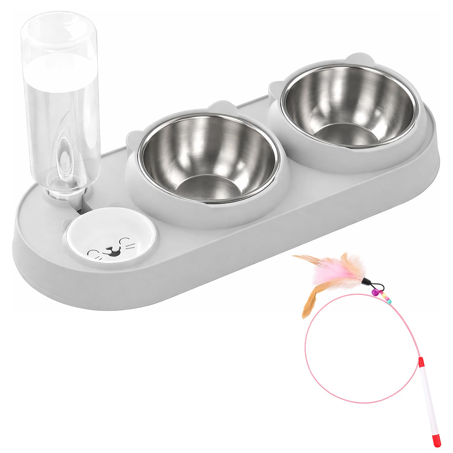 Cat Bowl, 3-in-1 Cat Food Bowls with Stand Tilted 15°, Double Cat Bowls with Water Dispense, Cat Bowls with Stand Tilted for Cats and Small Dogs