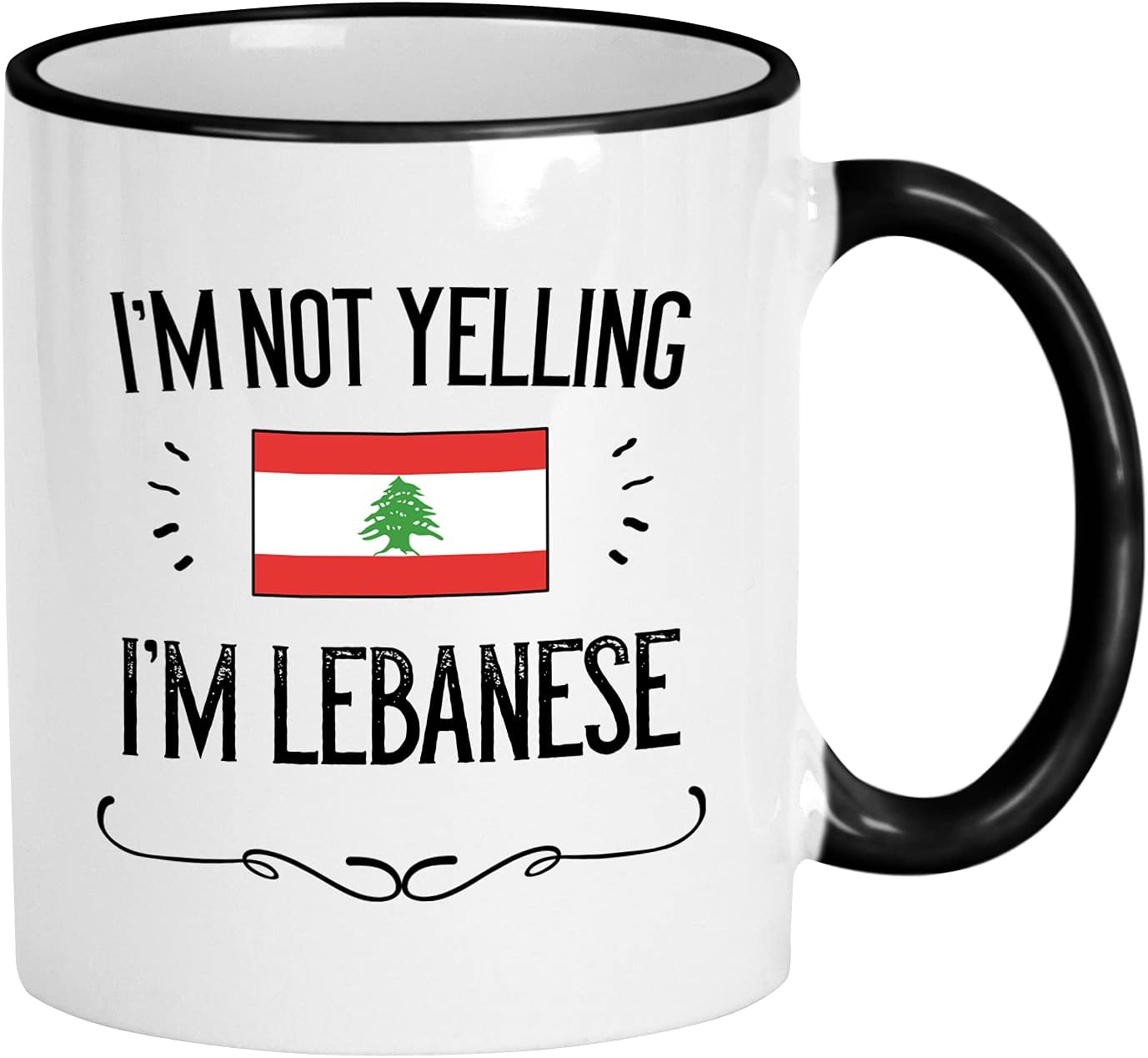 Casitika Funny Lebanon Gifts. Not Yelling I'm Lebanese Ceramic Coffee Mug. Cup Idea for Proud Men/Women Featuring The Country Flag. (11 oz Black Handle/Rim)