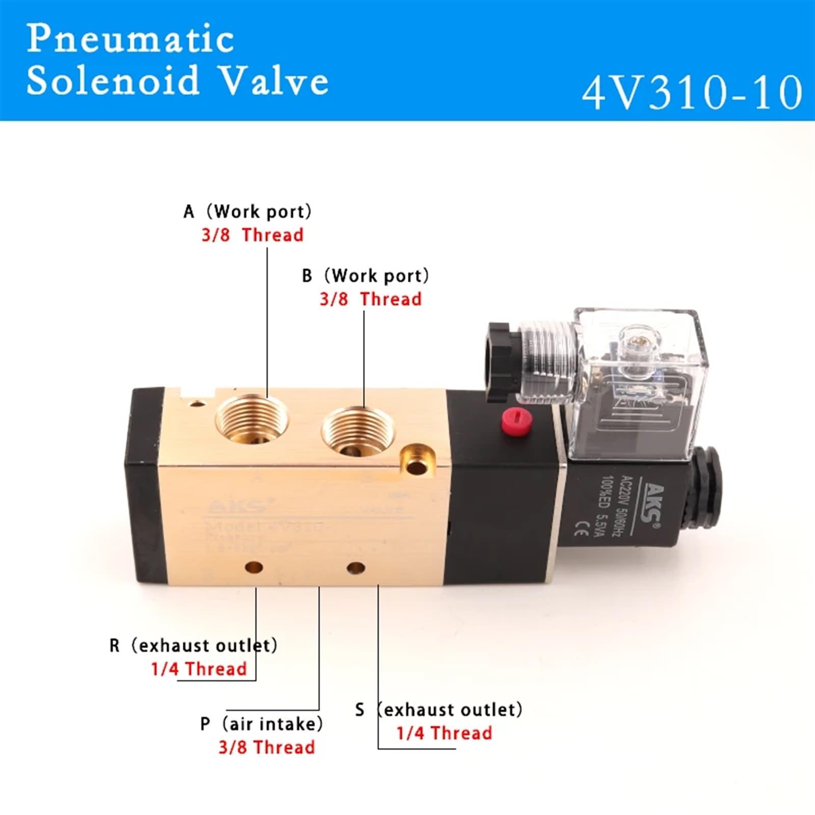 Electroválvula neumática 4V310-08/10, 3 vías, 2 Posiciones, Control de Gas, válvula magnética Aire, CC/CA, Bobina, voltios, Accesorios Manguera(DC12V)