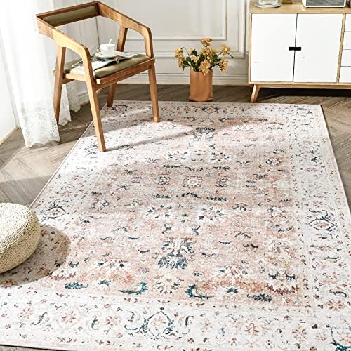 TOPICK Machine Washable Area Rug 270x365cm Distressed Taupe Floral Vintage Rug Chenille Print Floor Cover Indoor Thin Large Rug Non Slip Carpet Living Room Office Bedroom Dining Room Hall