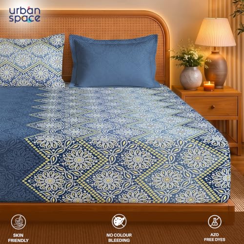 Image of Urban Space Serene 300TC 100% Cotton King Size Bedsheet, Panel Design Super Soft Bed Sheet for King Size Bed, King bedsheet with 2 Pillow Covers (108 inch x 108 inch, Lehriya Blue)
