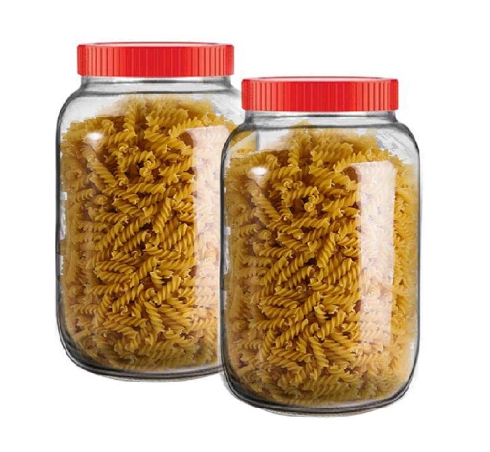 Piraml Glass Round Shape Transparent Glass Jars & Containers For Kitchen Pantry,Snacks,Masala,Pickles,Dry Fruits,Coffeebeans Storage,Plastic Lid(Set Of 2)(2000Ml Round Red Cap),Blue-Green