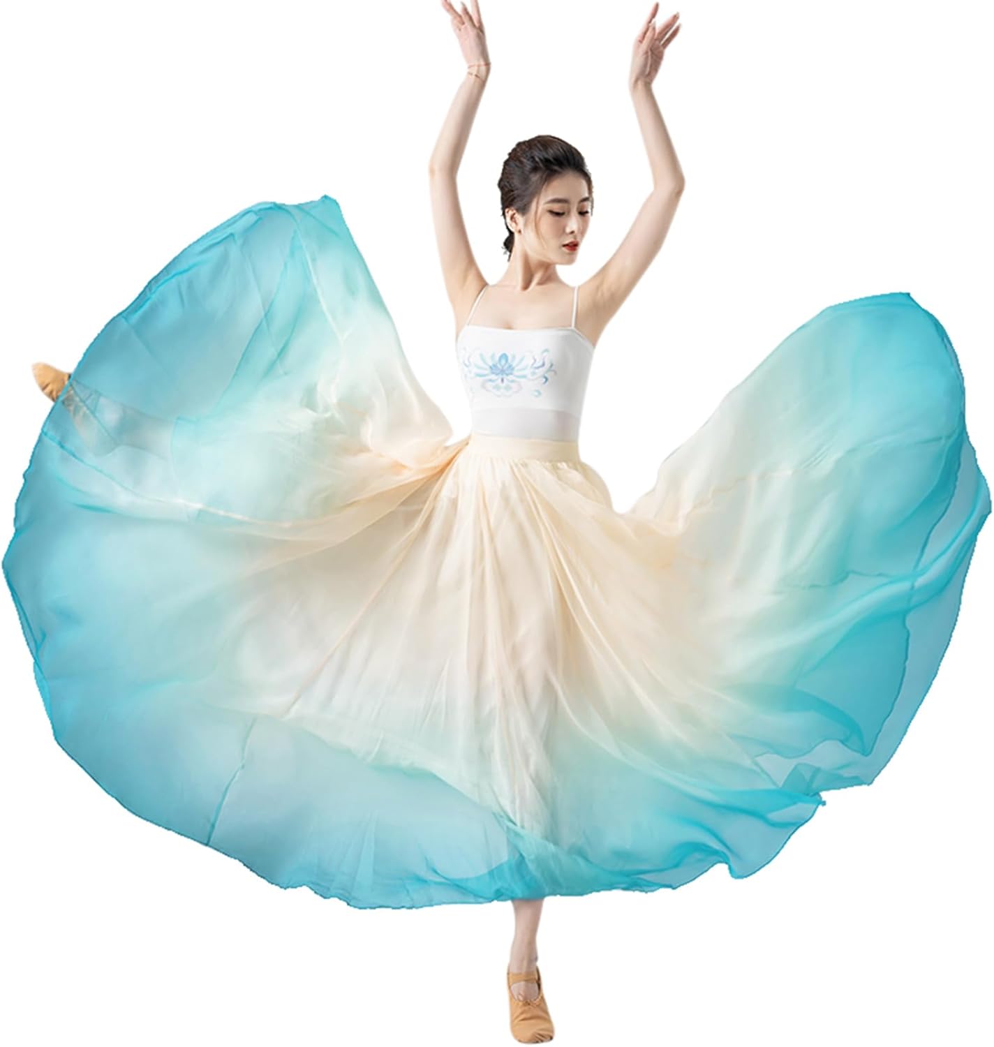 Z&X Women's Lyrical Dance Skirt Gradient Color Chiffon Long Swing Sheer Wrap Skirts for Modern Ballet Performance