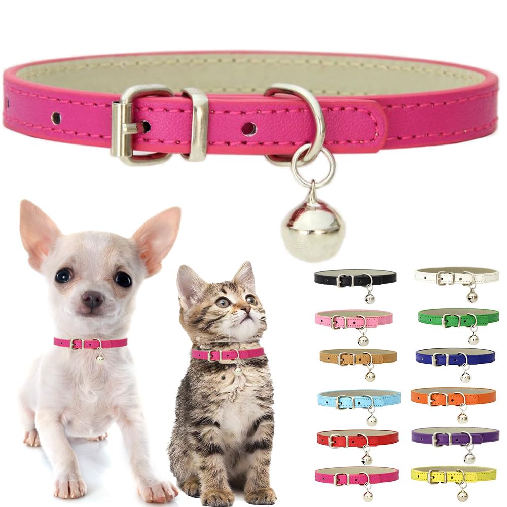 Hot Pink XXS Dog Collar with Bell, XS Kitten Puppy Cat Collars XX-Small | Soft Pu Leather Adjustable Buckle for XXS XS Extra Small Medium Tiny Female Girls Pets Puppy Kitten Teacup Yorkie Chihuahua