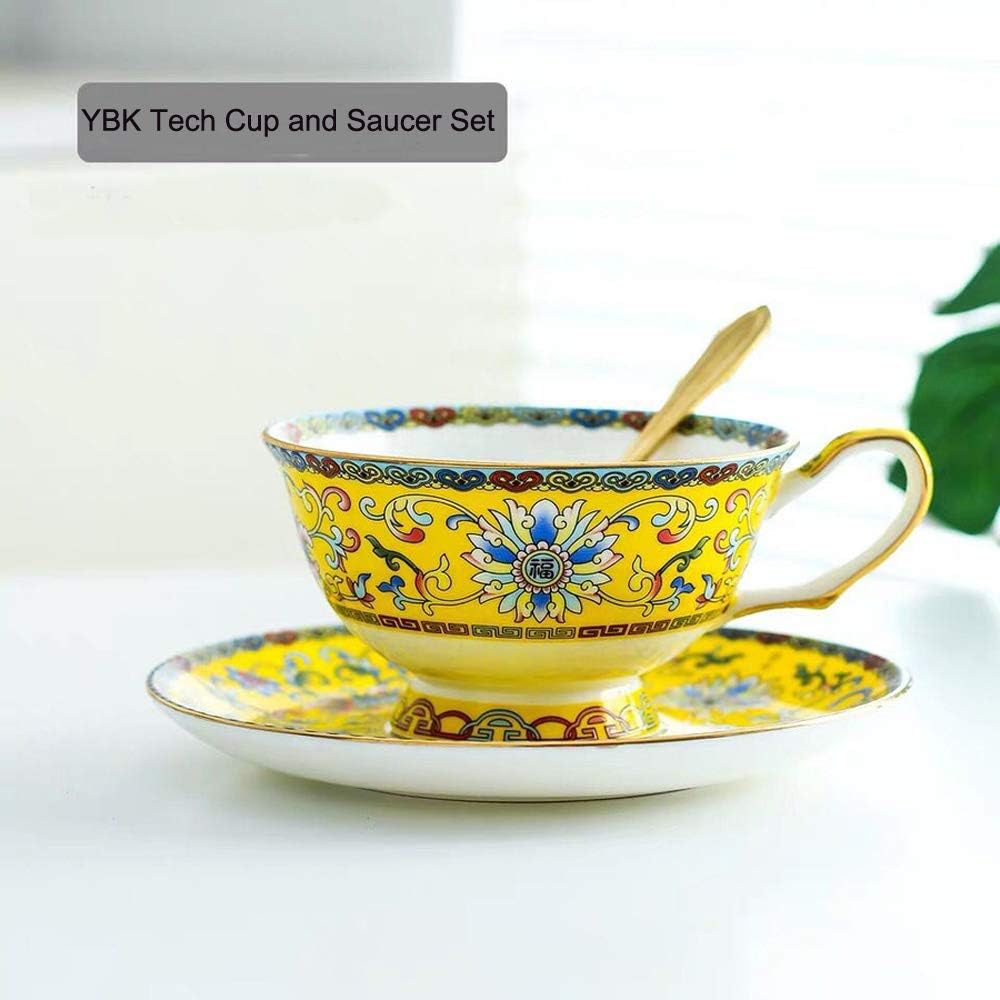 Bone China Cup& Saucer Set, 6.8oz- Classic Enamel Patterns (Yellow)