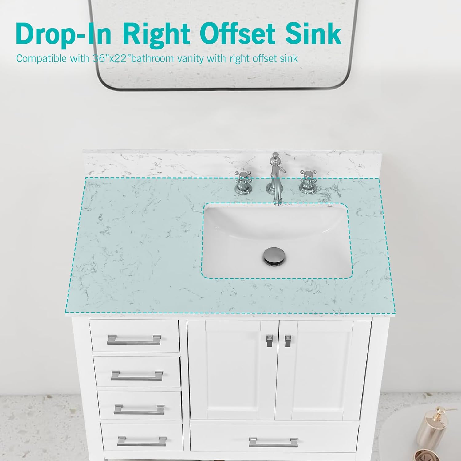 36"x22" Engineered Stone Bathroom Vanity Top with Rectangular Undermount Ceramic Right Offset Sink, 8 Inch Faucet Hole Spread with Backsplash Bathroom Vanity Sink Top (Cabinet Not Included)