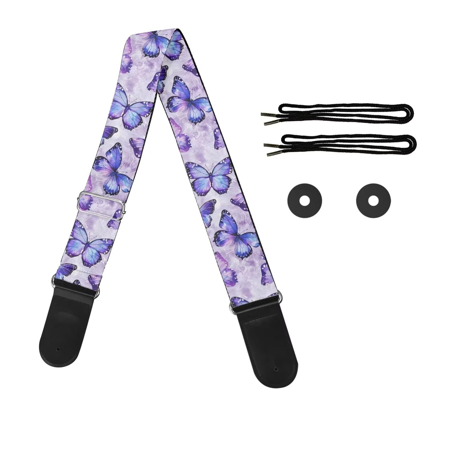 Snilety Purple Butterfly Guitar Straps Acoustic for Women Electric Guitar Strap with Leather Ends and Metal Buckle Adjustable Shoudler Strap Bass Accessories