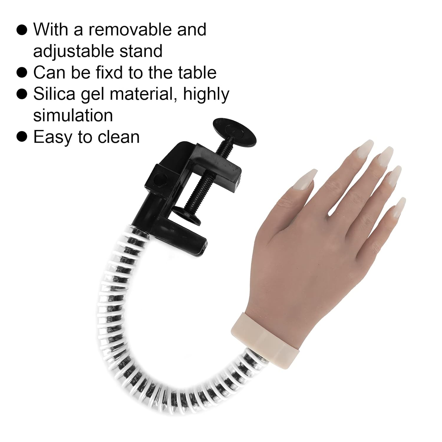 Nail Art Practice Hand with Bendable Silicone Joints, Realistic Fake Hand Mannequin for Manicure Training, Includes 100 False Nail Tips in 5 Sizes for Salon Use (01)