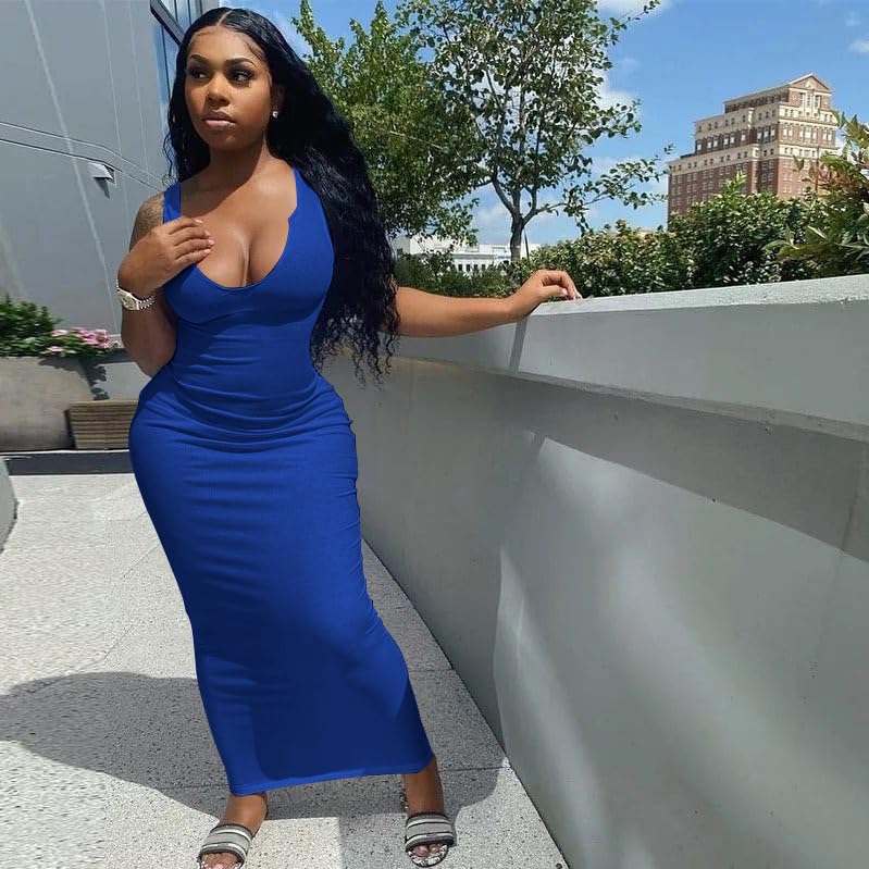 Image of Nimsruc Women Casual Sexy Deep U Neck Tank Top Bodycon Dress Summer Sleeveless Wrap Long Basic Party Club Maxi Dresses