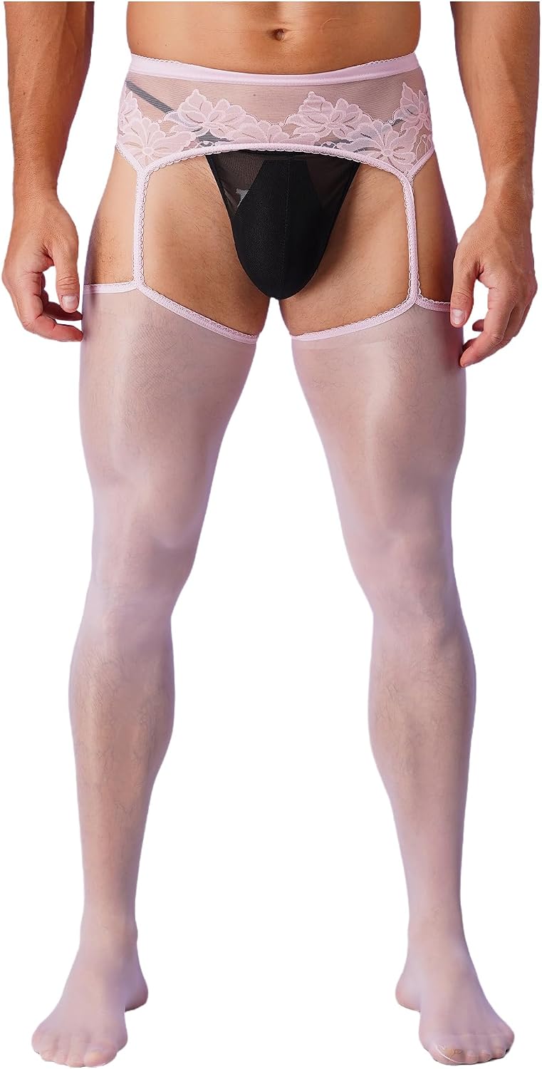 Men's Sissy Glossy Ice Silk Lace Legging Tight Footed Pantyhose Hollow Out Stockings Pants