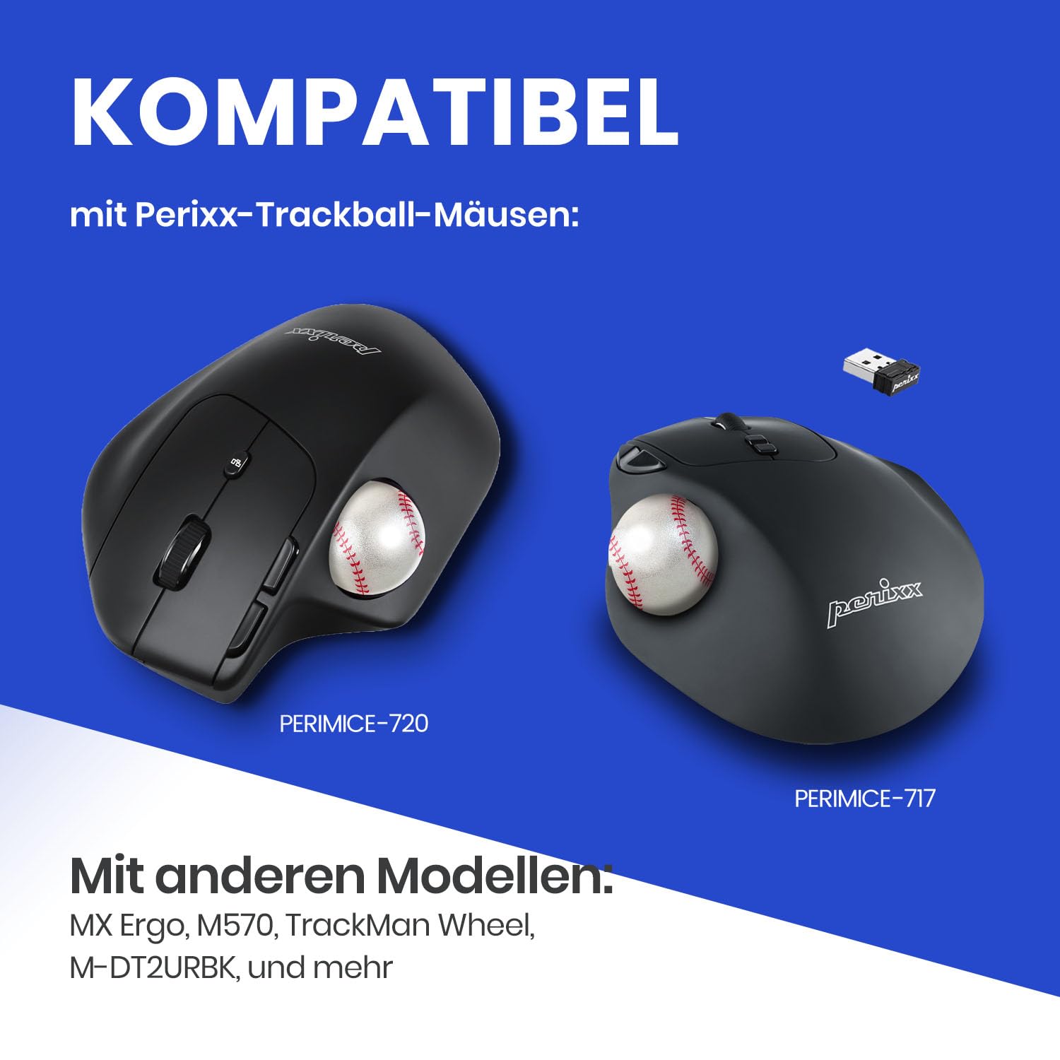 perixx PERIPRO-303BSB - Trackball sportivo da 3,4 cm, design divertente e originale, compatibile con M570, M575, PERIMICE-517/520/717/720 e altri mouse trackball da 3,4 cm