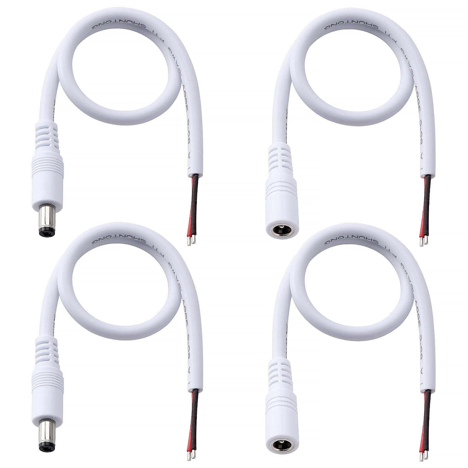 KUOQIY 4 PCS 30cm 18 AWG 5.5mm x 2.1mm DC Power Pigtails Cable, DC Male and Female to Bare Wire Open End Power Supply Replacement Repair Cord, for CCTV Security Camera, LED Strip Light, White