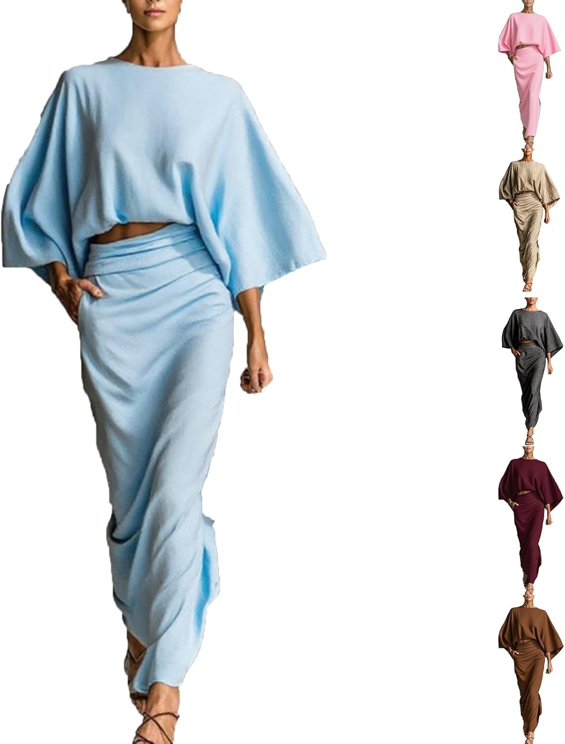 HGps8w Women's 2 Piece Outfits - Oversized Batwing Crop Top High Waisted Maxi Skirt Elegant Party Cocktail Dress with Pockets