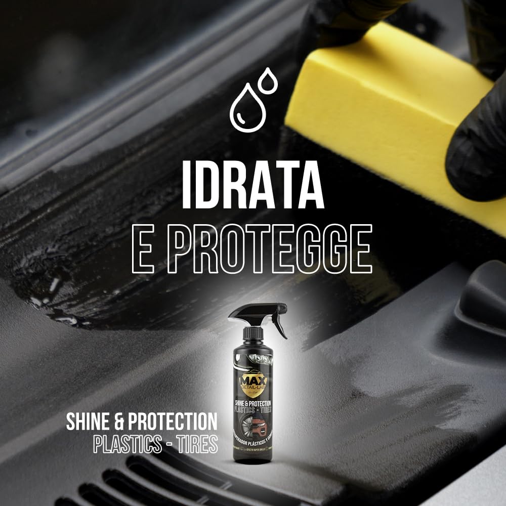MAX DETAIL-LAB - Shine & Protection - Nero Gomme Auto Rinnova Plastiche, Lucida Ravviva Plastica, Restauratore Idratante Pneumatici, Kit Pulizia Professionale Prodotti Detailing Car Moto, 500ml
