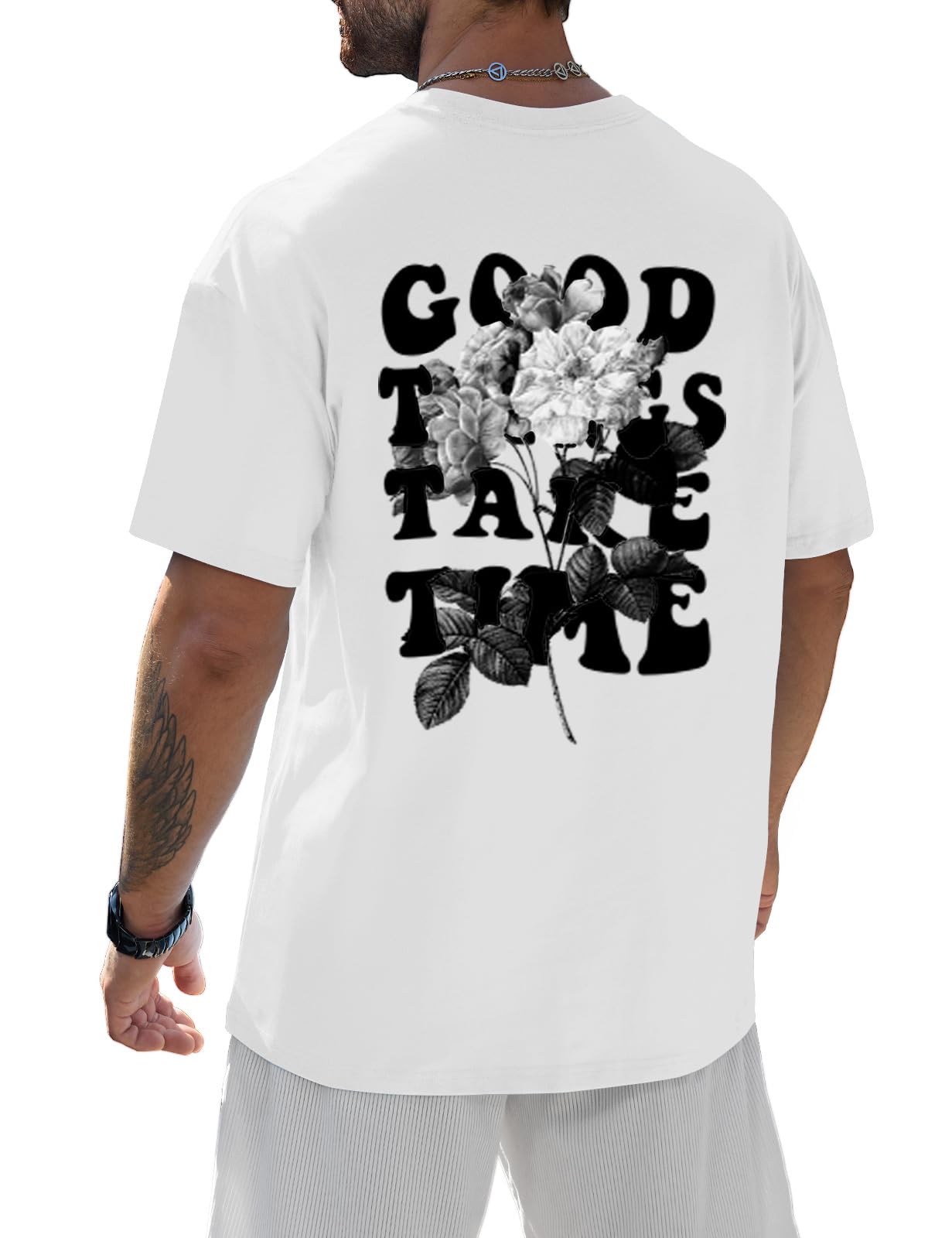 Yuson Girl Herren Tshirt Sommer Baumwolle Oversized T-Shirt Rundhals Kurzarm Lose Tee Shirt mit Backprint Vintage Drucken Übergroßes Oberteile Sport Casual Streetwear Mode Lang Tops