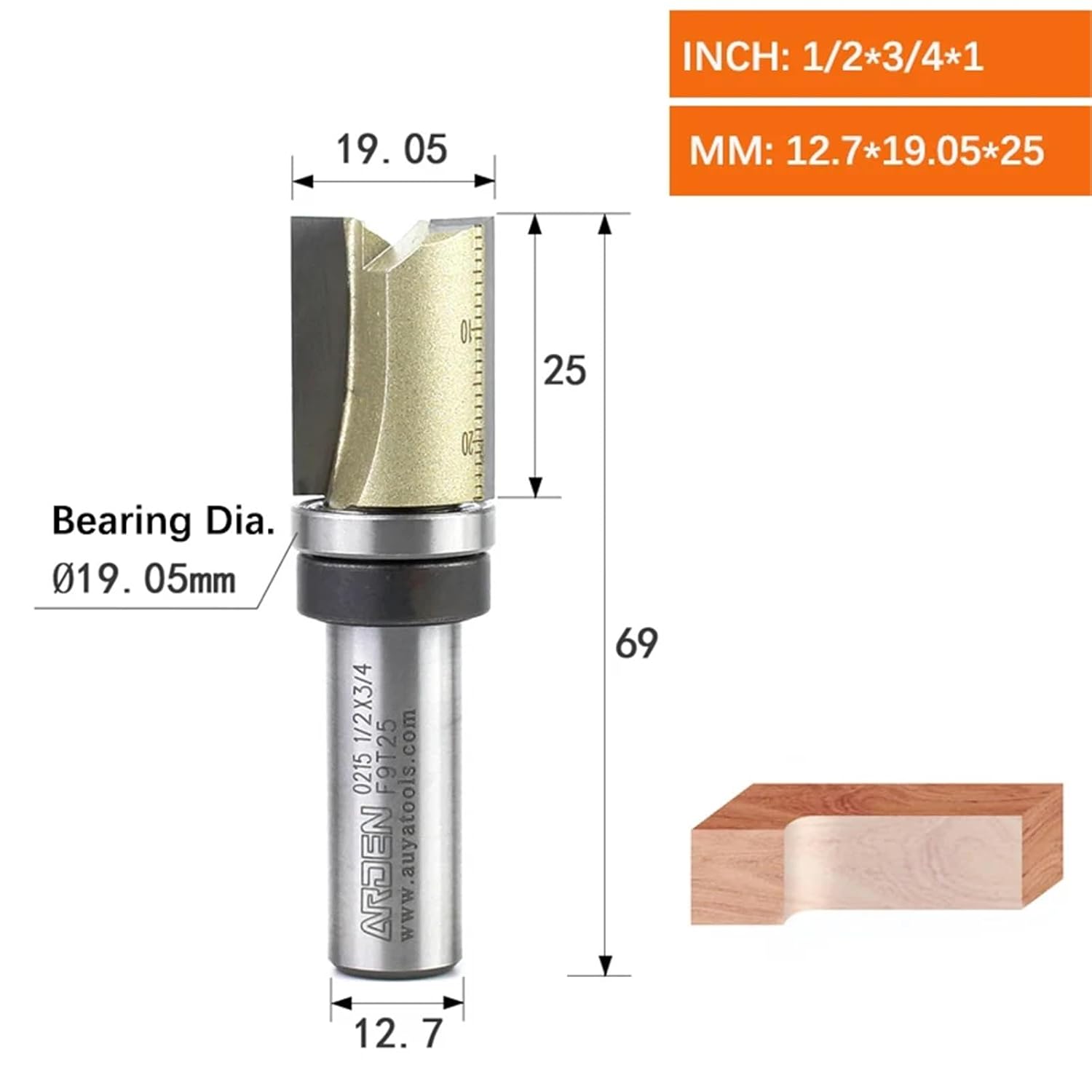 2F Straight Bit with Bearing Woodworking Cutting Trimming Milling Cutter Carbide Alloy Wood MDF Plywood Particle Board(12.7x19.05x25)