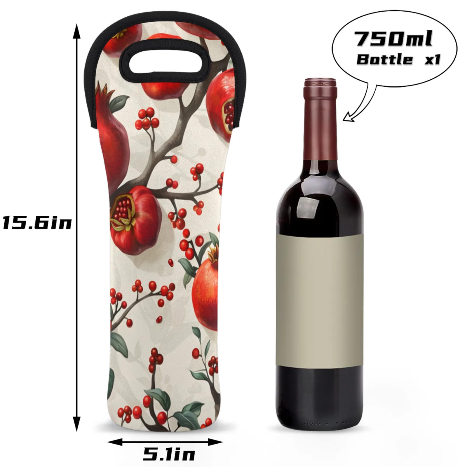 Neoprene Wine Tote Carrier Bag for Wine,Water, Champagne, Beer, Baby Bottles 15.6 x 5.1 Inches, Protective Wine Bag,Pomegranate