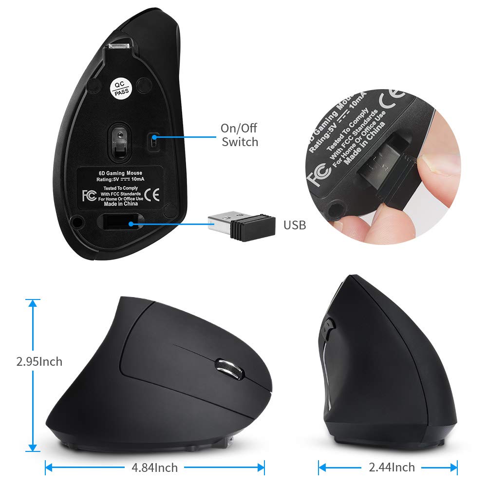 Senli - Ratón inalámbrico Recargable, 2.4 GHz, diseño ergonómico Vertical, inalámbrico, silencioso, con USB, para Windows, Mac OS, 800/1200/1600 dpi, 5 Teclas, Especialmente amigable con los Brazos