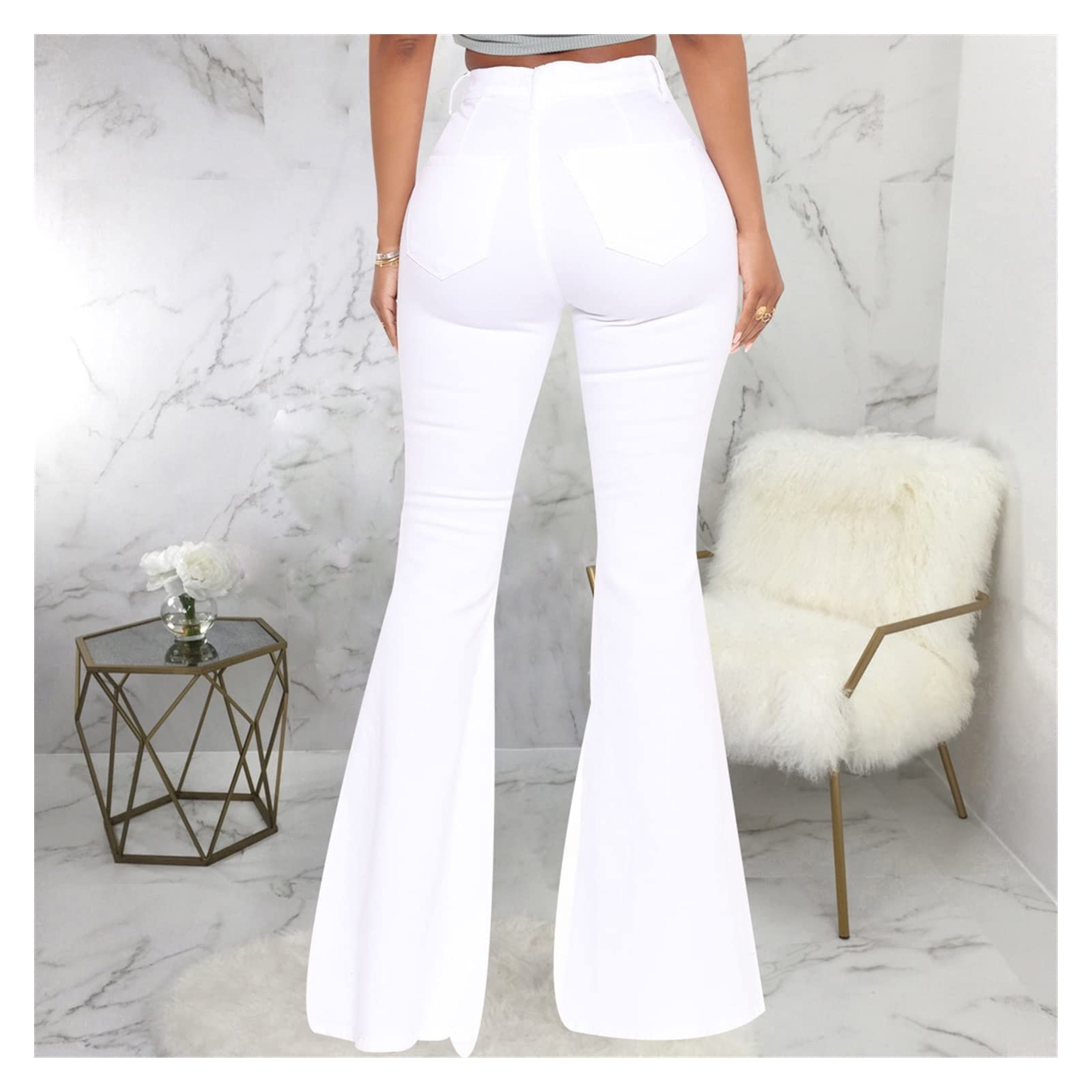 パンツ white color long strech flare denim ISALUX Women's Denim Flare Pants High Waist Stretch Denim Wide Leg