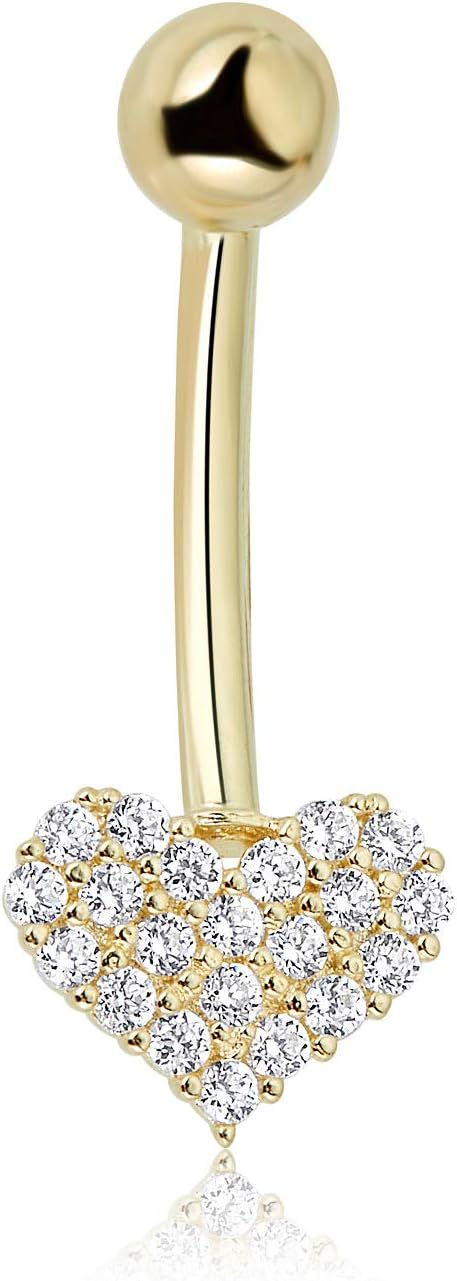 AVORA 10K Gold Simulated Diamond CZ Pave Heart Belly Button Ring Body Jewelry (14 Gauge)