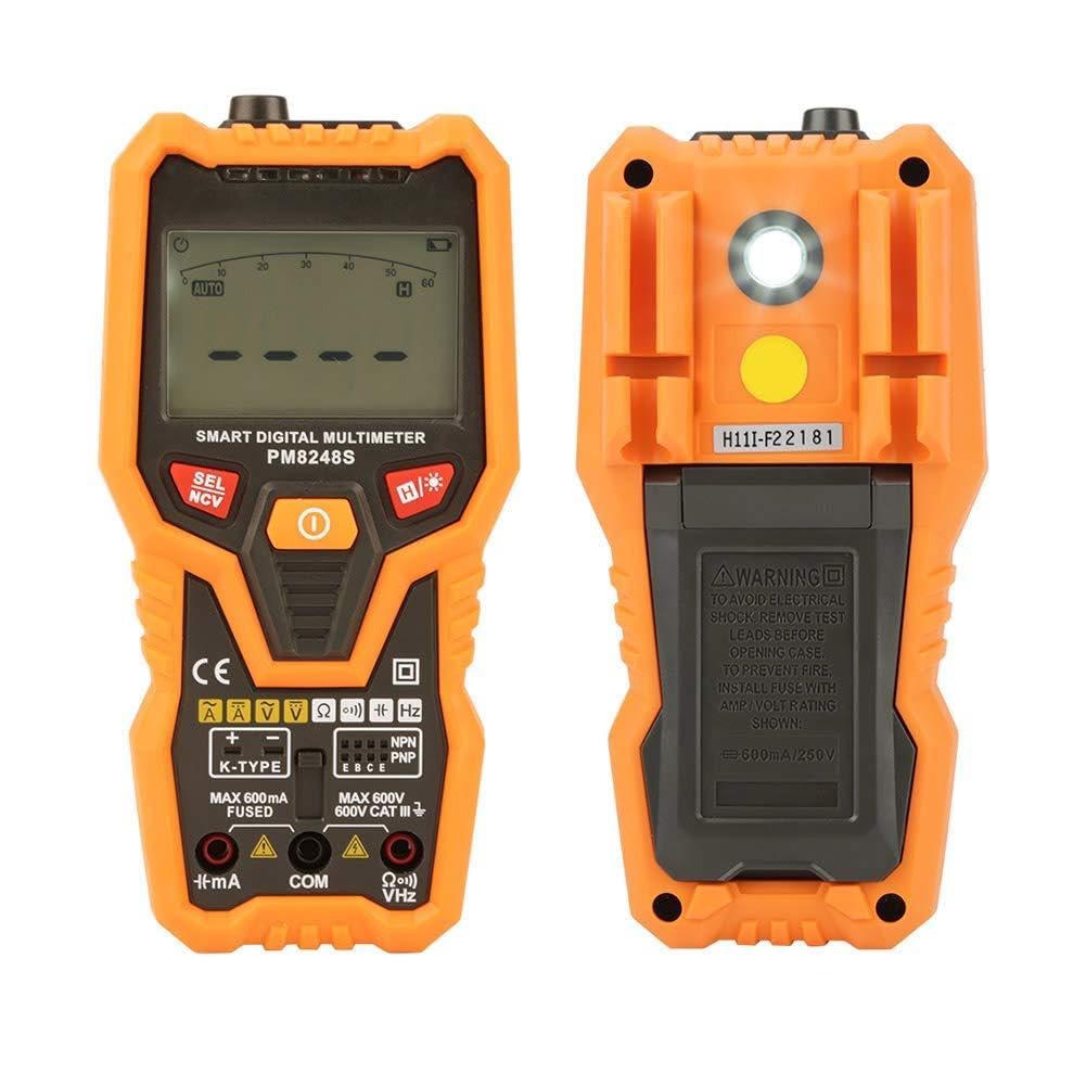 Peakmeter PM8248S Multimetro digitale con selezione automatica della gamma, tester di tensione NCV senza contatto con retroilluminazione di mantenimento dei dati, torcia per corrente alternata
