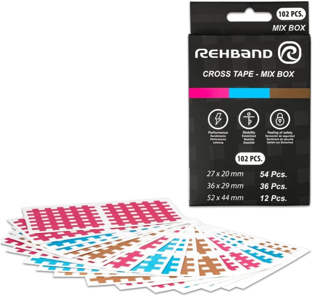 Rehband Crosstape 102pcs., Crosspuncture Lattice Tape Sport Mix Box in Different Colors and Sizes, Acupuncture Patches for Sports and Everyday Life