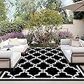 OutdoorLines Outdoor Reversible Rugs for Patio 4x6 ft - Outside Plastic Carpet, Stain & UV Resistant Portable RV Mat, Straw Rug for Camping, Backyard, Deck, Picnic, Porch Moroccan Black & White