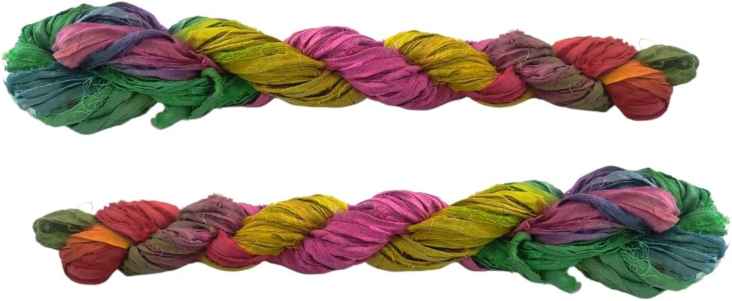 Knitsilk Recycled Sari Silk Ribbon Yarn, 100% Silk, 30 Yards, 50 Grams for Knitting, Weaving & Crochet (Multicolor Tie-Dye)