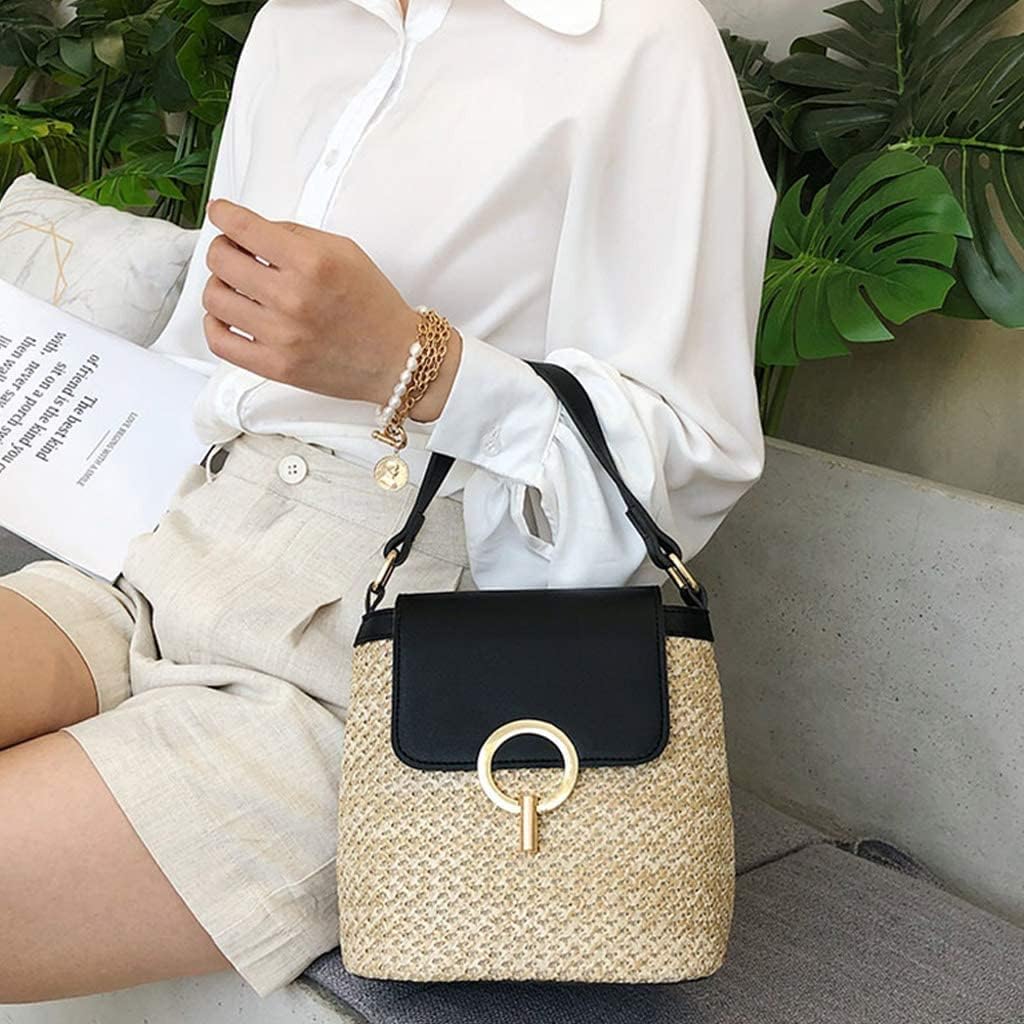 Beach Bag Straw Bags Hand-Woven Straw Bag, Women Fashion Handbag Shoulder Bag Ladies Straw Bucket Summer Crossbody Tote White (Color : Brown)