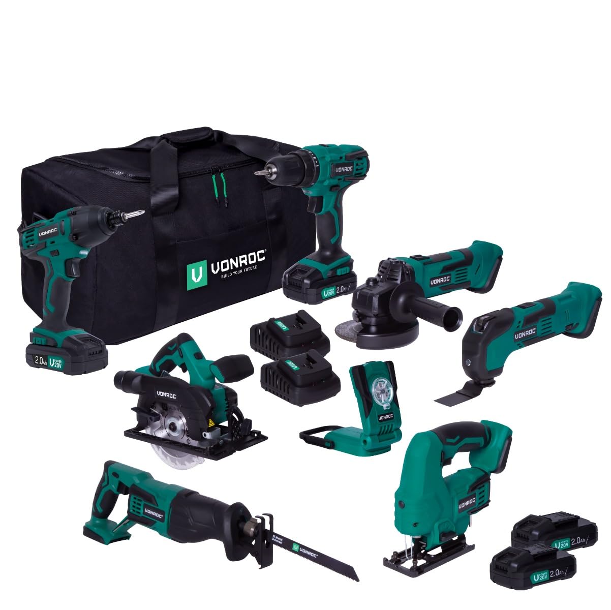 VONROC Juego de herramientas con batería VPower de 20 V. Incluye taladro, sierra de calar, lámpara de trabajo LED, 1 batería de 2,0 Ah, cargador rápido y bolsa (7 herramientas 4 x 2,0 Ah)