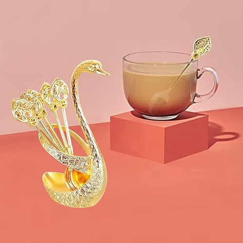 Miniatura 4 de Juego de cucharas de café con soporte de base de cisne, soporte de base de cisne de metal, organizador de cuchara con 6 cucharas, cucharas pequeñas