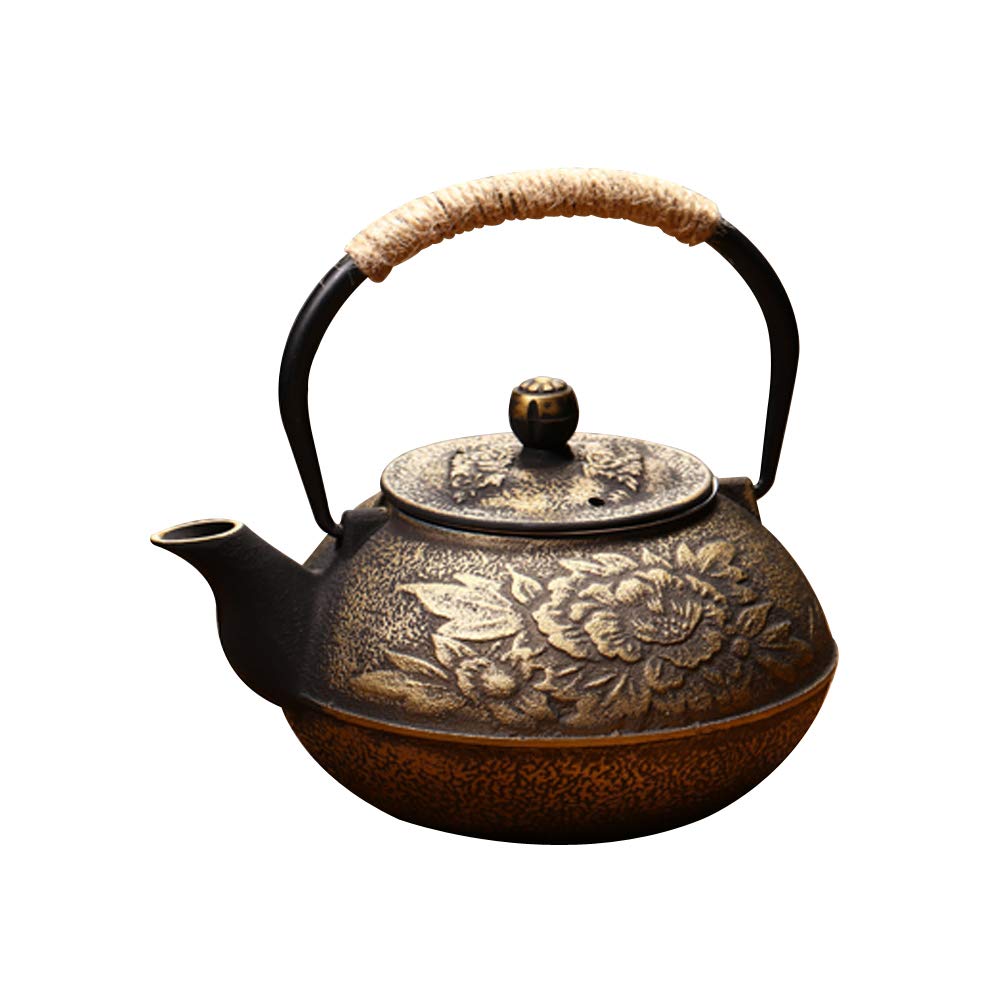 Vintage golden Cast Iron peony flower Teapot Tea Kettle With Stainless Steel Infuser, 900ml/30.7oz