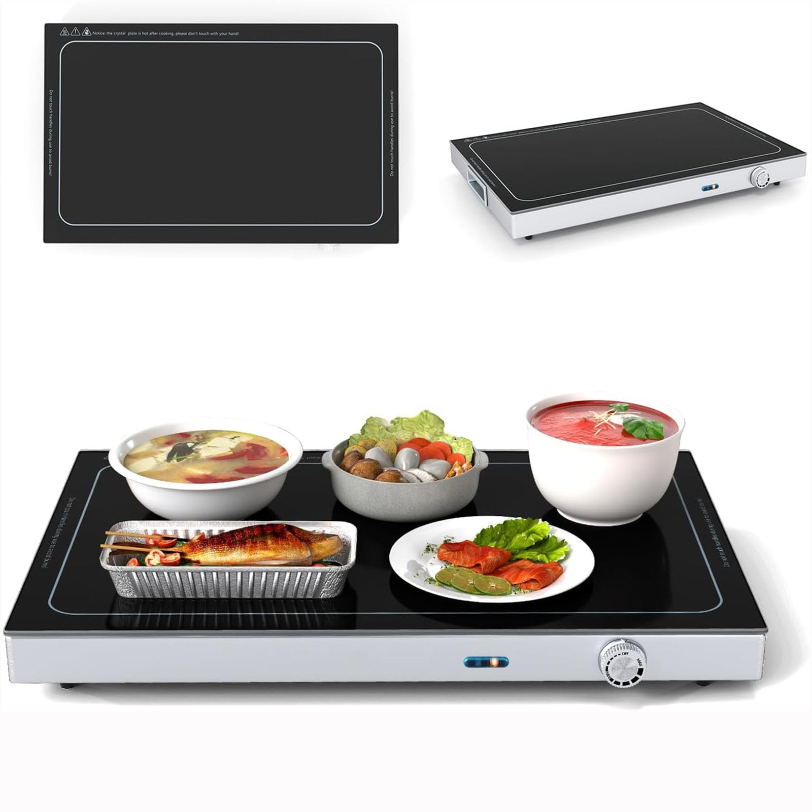 Vassoio Scaldavivande Elettrico 300 W, Scalda Vivande Temperatura Regolabile 50-120℃, Superficie in Vetro Temperato, per Famiglia, Feste, Picnic,001,56x36cm