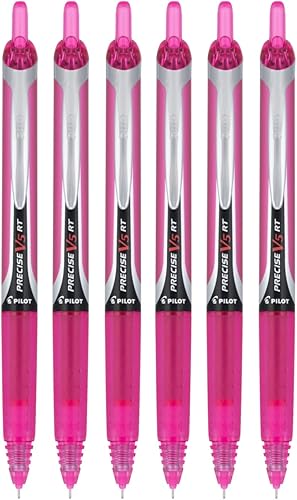 Pilot Precise V5 RT - Bolígrafos de tinta líquida recargables y retráctiles, punta extrafina (0.020 in), tinta rosa, paquete de 6