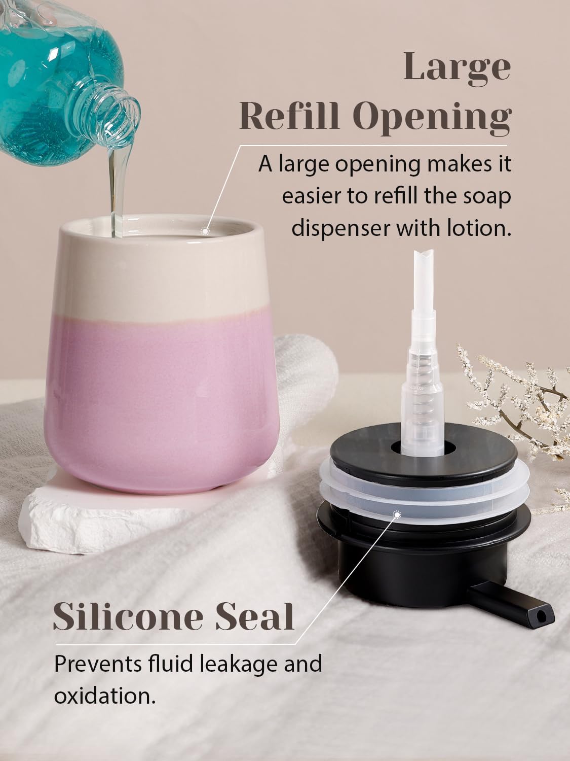 INGOFIN Ceramic Hand Soap Dispenser - 12 oz Liquid Lotion Dispenser Bathroom, Refillable Modern Dish Soap Dispenser with Pump for Kitchen, Beige and Pink - Image 3