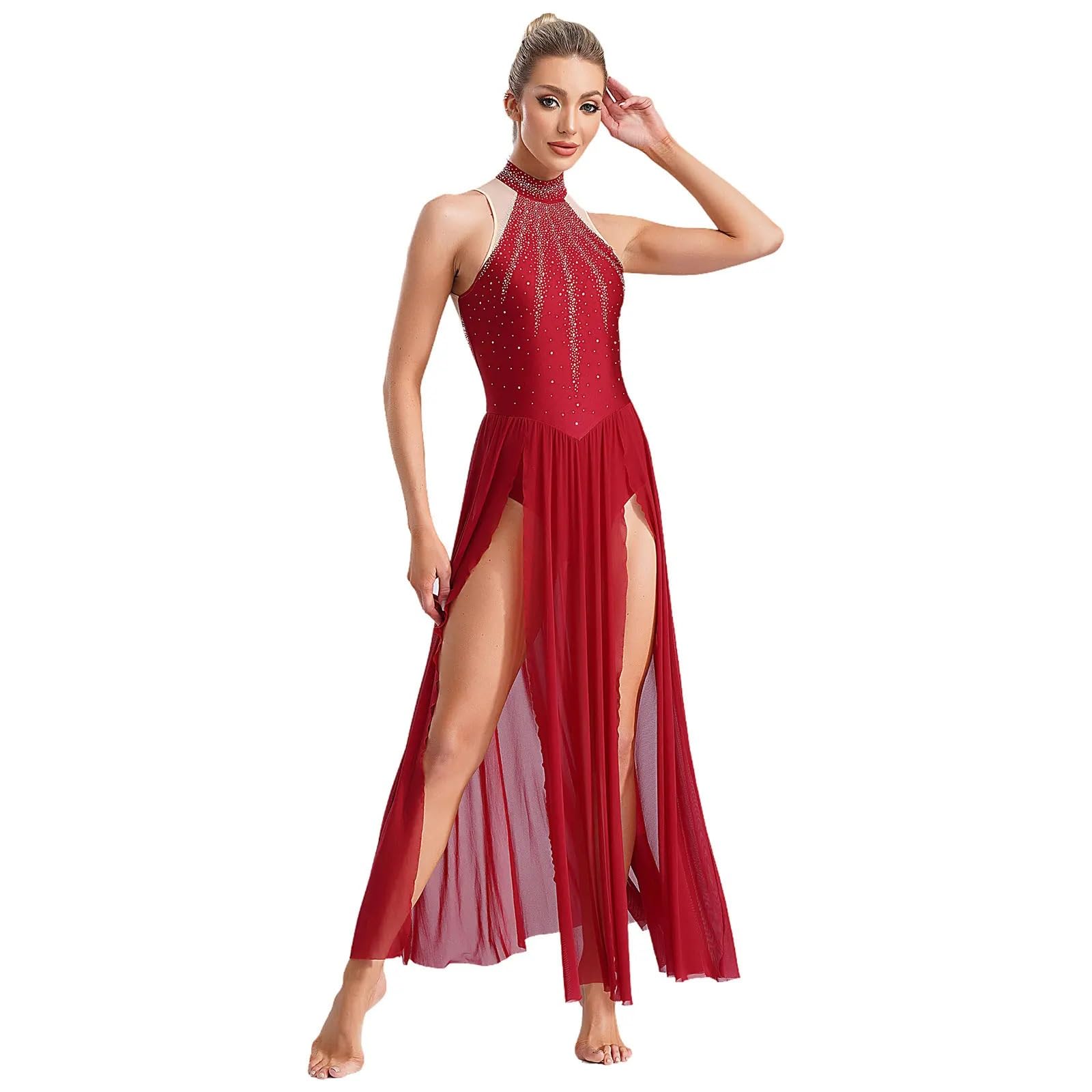 Kostüme für Lyrischen Tanz Lyrisches Tanzkleid, glänzendes Dimonds-Ballett-Trikot, Geteilte Maxiröcke, modernes, zeitgenössisches Ballsaal-Kostüm for Damen