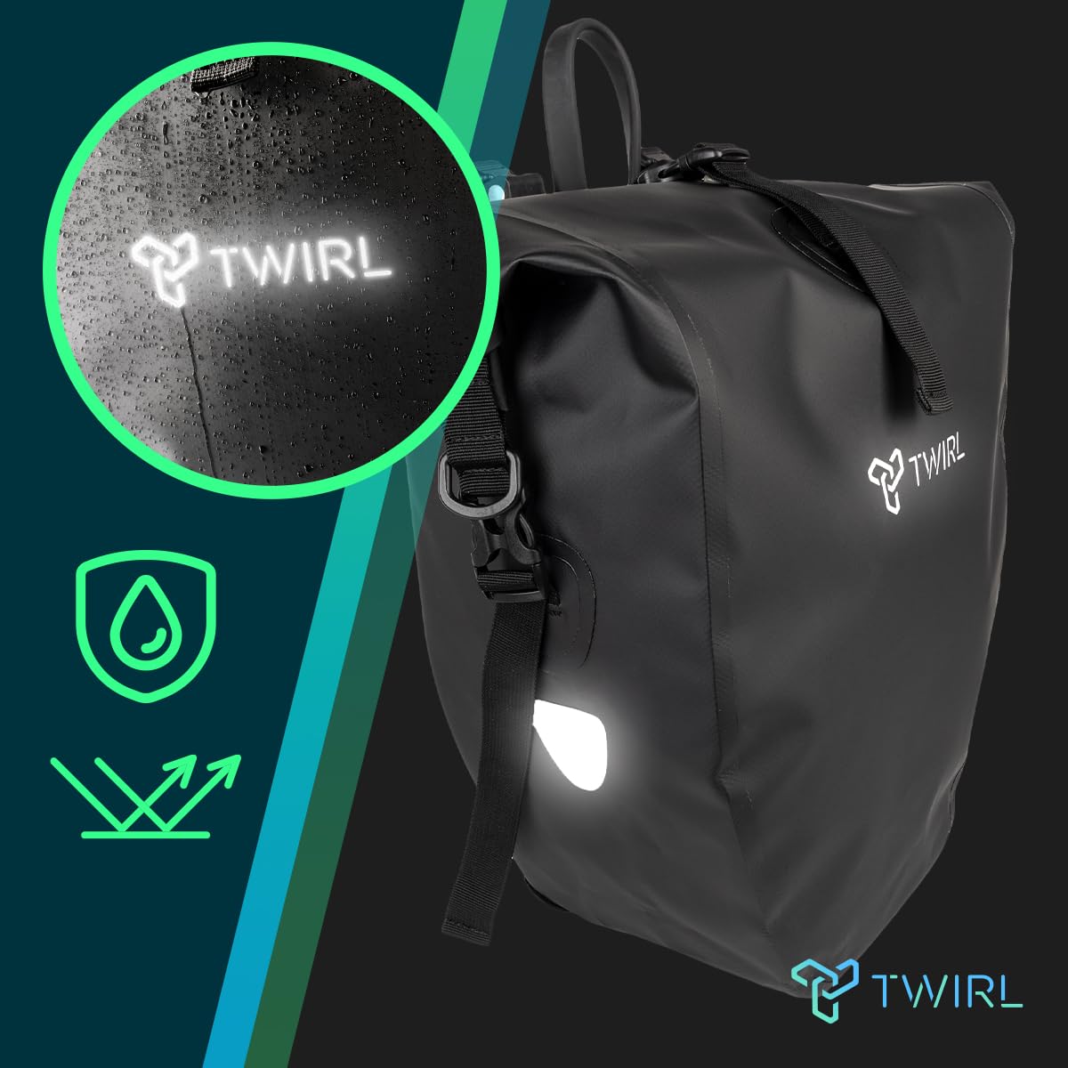 TWIRL Torba rowerowa na bagażnik SINGLE, 22 litry, z uchwytem, ​​paskiem na ramię i małą wyjmowaną kieszenią wewnętrzną, torba na bagażnik, tylna torba rowerowa, czarna