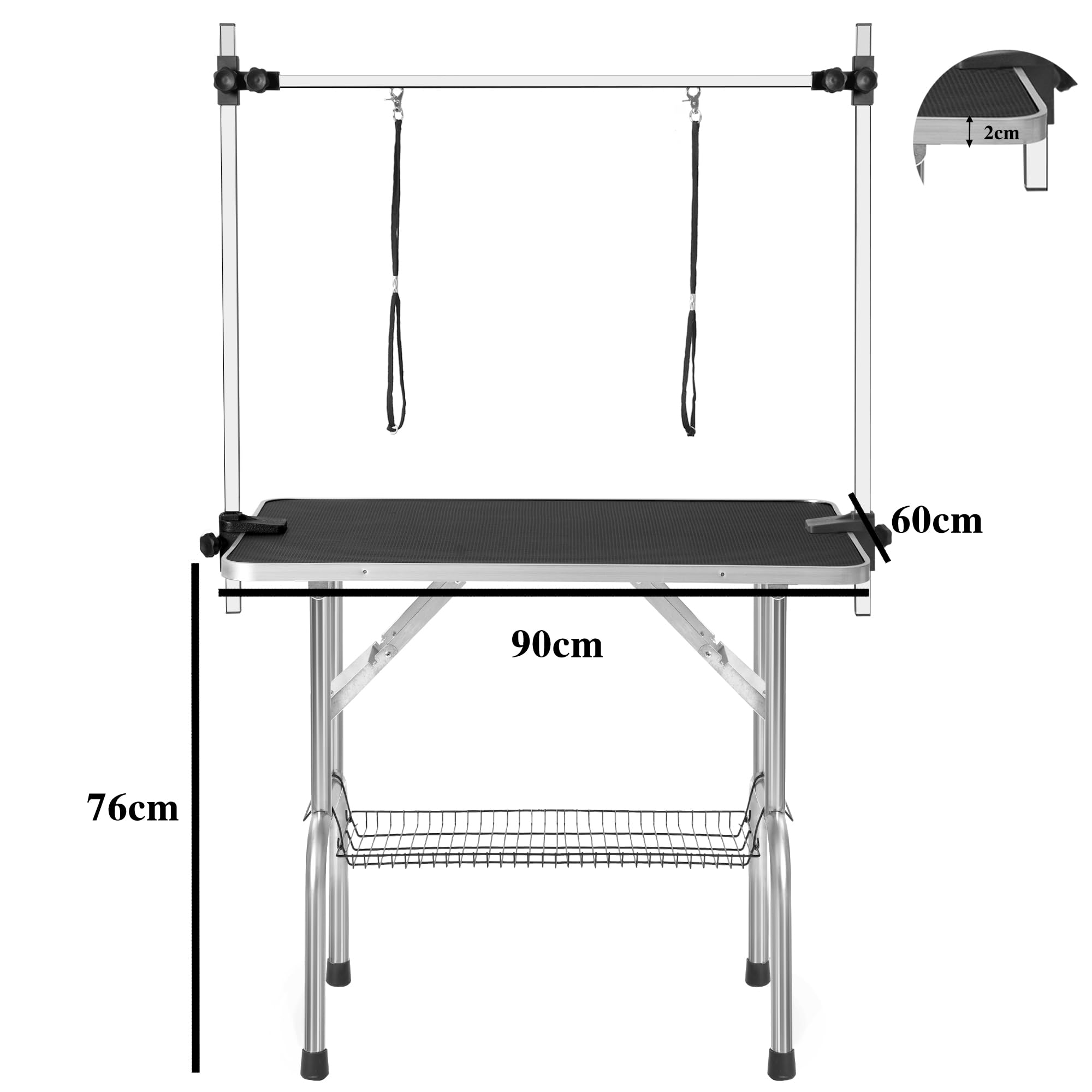 Table d'entretien Pliante pour Chiens/Chats/Animaux domestiques Tige réglable 2 Sangles Panier de Stockage et capacité antidérapante de Surface de Travail Plus Large 100kg (Noir,90 * 60 * 76)