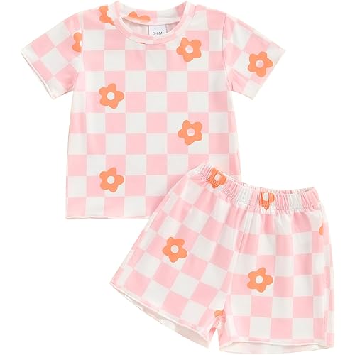 Toddler Baby Girl Summer Clothes Shorts Set Short Sleeve T-shirt Checkbord Plaid Sweatshirt Top 2Pcs Summer Oufits